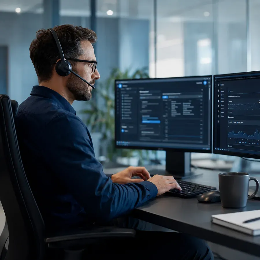 Support-Mitarbeiter mit Headset vor zwei Bildschirmen